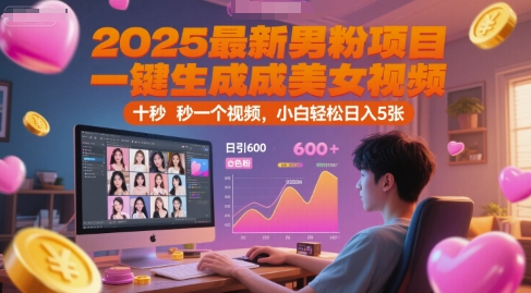 2025最新男粉项目，一键生成美女视频，日引600+色粉 十秒一个视频，小白轻松日入5张【揭秘】K叔网赚资源-网赚项目-副业赚钱-互联网创业-资源整合K叔网赚资源