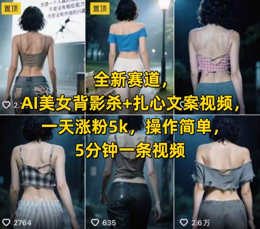 全新赛道，AI美女背影杀+扎心文案视频，一天涨粉5k，操作简单，5分钟一条视频K叔网赚资源-网赚项目-副业赚钱-互联网创业-资源整合K叔网赚资源