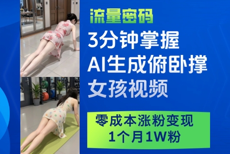 3分钟掌握AI生成俯卧撑女孩视频，零成本涨粉变现，1个月1W粉K叔网赚资源-网赚项目-副业赚钱-互联网创业-资源整合K叔网赚资源
