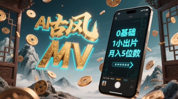 AI一键生成古风音乐MV，0剪辑基础1小时出片，多种变现渠道，一部手机月入5位数K叔网赚资源-网赚项目-副业赚钱-互联网创业-资源整合K叔网赚资源