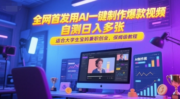 全网首发用AI一键制作爆款视频，自测日入多张，适合大学生宝妈兼职创业，保姆级教程K叔网赚资源-网赚项目-副业赚钱-互联网创业-资源整合K叔网赚资源