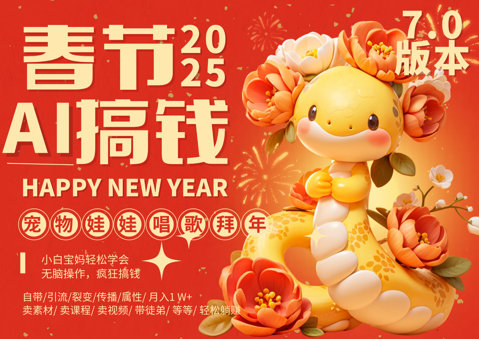 AI春节搞钱7.0升级版 蝴蝶号超火爆萌宠唱歌拜年 AI一键制作 批量出内容 春节做…K叔网赚资源-网赚项目-副业赚钱-互联网创业-资源整合K叔网赚资源