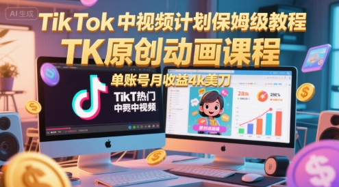 TikTok中视频计划保姆级教程，TK原创动画课程，单账号月收益4k美刀K叔网赚资源-网赚项目-副业赚钱-互联网创业-资源整合K叔网赚资源