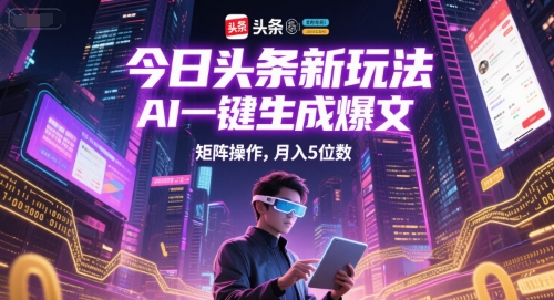 今日头条新玩法，AI一键生成爆文，矩阵操作，月入5位数K叔网赚资源-网赚项目-副业赚钱-互联网创业-资源整合K叔网赚资源
