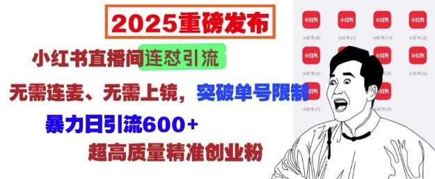 2025重磅发布：小红书直播间连怼引流，无需连麦、无需上镜，突破单号限制，暴力日引流600+K叔网赚资源-网赚项目-副业赚钱-互联网创业-资源整合K叔网赚资源