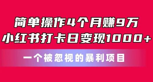 简单操作4个月赚9w，小红书打卡日变现1k，一个被忽视的暴力项目【揭秘】K叔网赚资源-网赚项目-副业赚钱-互联网创业-资源整合K叔网赚资源
