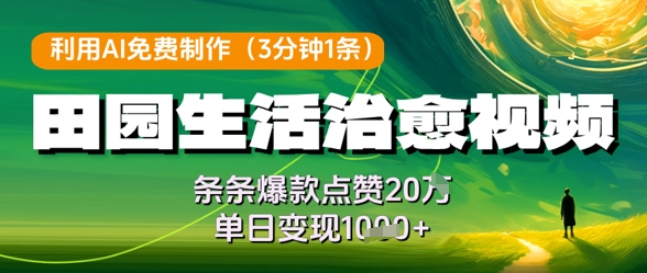 利用AI免费制作田园生活治愈视频，条条爆款点赞20W，单日变现几张K叔网赚资源-网赚项目-副业赚钱-互联网创业-资源整合K叔网赚资源