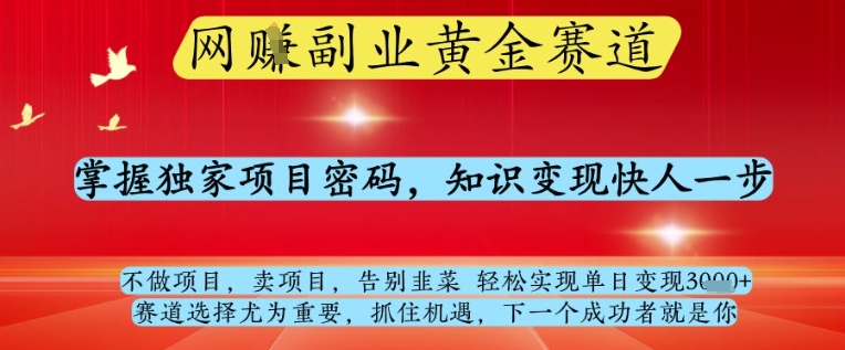 网创副业黄全赛道，掌握独家项目密码，知识变现快人一步，告别韭菜轻松实现单日变现1k+【揭秘】K叔网赚资源-网赚项目-副业赚钱-互联网创业-资源整合K叔网赚资源