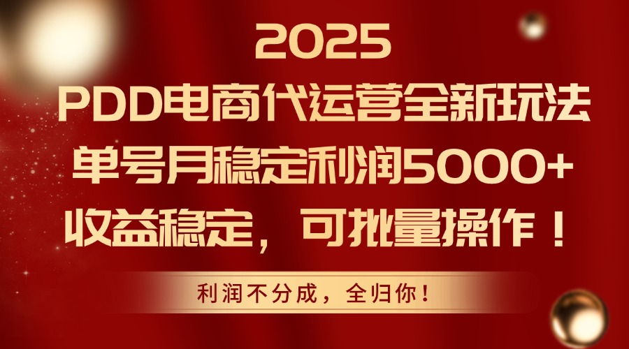 2025PDD电商代运营全新玩法，单号月稳定利润5000+，收益稳定，可批量操作K叔网赚资源-网赚项目-副业赚钱-互联网创业-资源整合K叔网赚资源