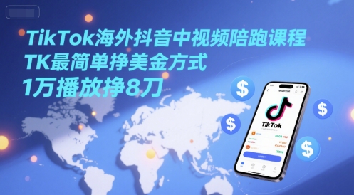 TikTok海外抖音中视频陪跑课程，TK最简单挣美金方式，1万播放挣8刀K叔网赚资源-网赚项目-副业赚钱-互联网创业-资源整合K叔网赚资源