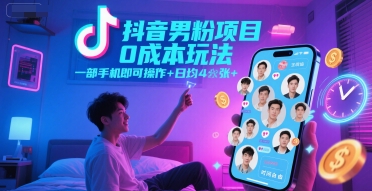 抖音男粉项目0成本玩法，一部手机即可操作，日均4张+，时间自由K叔网赚资源-网赚项目-副业赚钱-互联网创业-资源整合K叔网赚资源