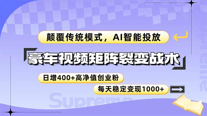 豪车视频矩阵裂变战术，颠覆传统模式，AI智能投放，日增400+高净值创业…K叔网赚资源-网赚项目-副业赚钱-互联网创业-资源整合K叔网赚资源