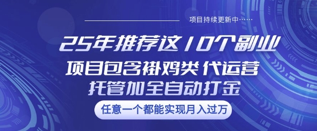 25年推荐这10个副业项目包含褂鸡类、代运营托管类、全自动打金类【揭秘】K叔网赚资源-网赚项目-副业赚钱-互联网创业-资源整合K叔网赚资源