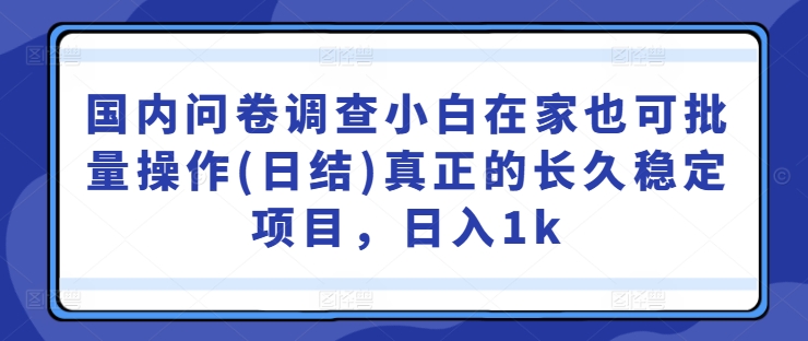 国内问卷调查小白在家也可批量操作(日结)真正的长久稳定项目，日入1k【揭秘】K叔网赚资源-网赚项目-副业赚钱-互联网创业-资源整合K叔网赚资源