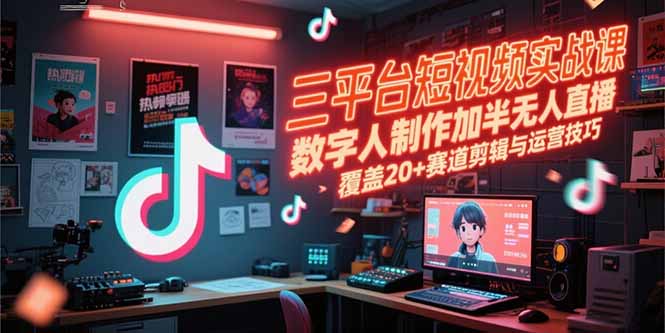三平台短视频实战课，数字人制作加半无人直播，覆盖20+赛道剪辑与运营技巧K叔网赚资源-网赚项目-副业赚钱-互联网创业-资源整合K叔网赚资源