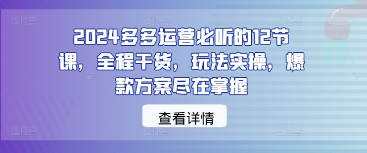 2024多多运营必听的12节课，全程干货，玩法实操，爆款方案尽在掌握K叔网赚资源-网赚项目-副业赚钱-互联网创业-资源整合K叔网赚资源