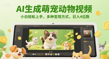 AI生成萌宠动物视频，小白轻松上手，多种变现方式，日入4位数K叔网赚资源-网赚项目-副业赚钱-互联网创业-资源整合K叔网赚资源