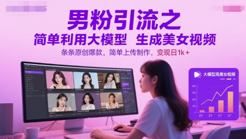 男粉引流之简单利用大模型生成美女视频，条条原创爆款，简单上传制作，变现日1k+K叔网赚资源-网赚项目-副业赚钱-互联网创业-资源整合K叔网赚资源