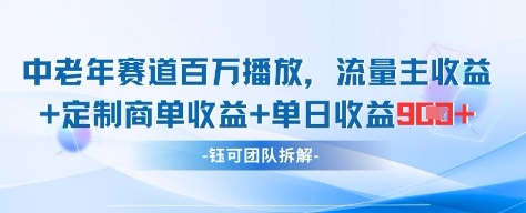 中老年赛道百万播放+流量主收益+定制收益，单日收益9张K叔网赚资源-网赚项目-副业赚钱-互联网创业-资源整合K叔网赚资源