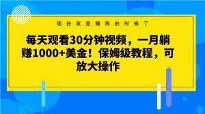 每天观看30分钟视频，一月躺赚1000+美金！保姆级教程，可放大操作【揭秘】K叔网赚资源-网赚项目-副业赚钱-互联网创业-资源整合K叔网赚资源