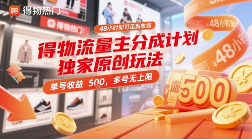 得物流量主分成计划独家原创玩法，48小时即可见到收益，单号收益5张，多号无上限【揭秘】K叔网赚资源-网赚项目-副业赚钱-互联网创业-资源整合K叔网赚资源
