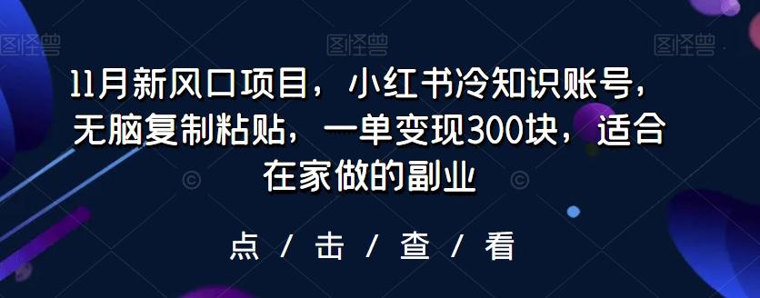 11月新风口项目，小红书冷知识账号，无脑复制粘贴，一单变现300块，适合在家做的副业K叔网赚资源-网赚项目-副业赚钱-互联网创业-资源整合K叔网赚资源