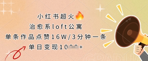 小红书超火的治愈系loft公寓，单条作品点赞16W，3分钟一条，单日变现数张K叔网赚资源-网赚项目-副业赚钱-互联网创业-资源整合K叔网赚资源