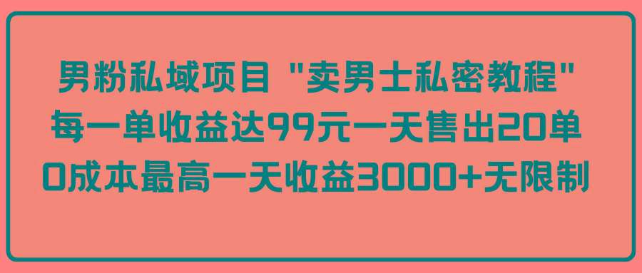 (9730期)男粉私域项目 “卖男士私密教程” 每一单收益达99元一天售出20单K叔网赚资源-网赚项目-副业赚钱-互联网创业-资源整合K叔网赚资源