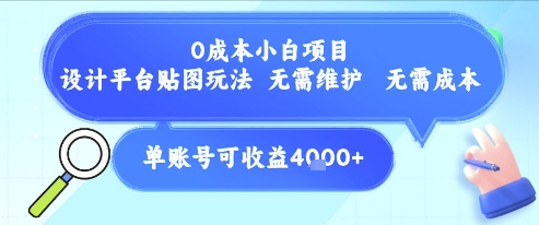 0成本小白项目，设计平台贴图玩法，无需维护，无需成本，单账号单月可产生收益4k+K叔网赚资源-网赚项目-副业赚钱-互联网创业-资源整合K叔网赚资源