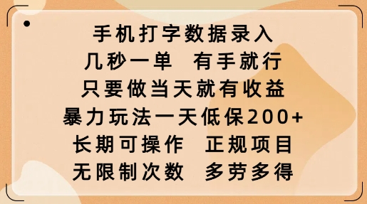 手机打字数据录入，几秒一单，有手就行，只要做当天就有收益，暴力玩法一天低保2张K叔网赚资源-网赚项目-副业赚钱-互联网创业-资源整合K叔网赚资源