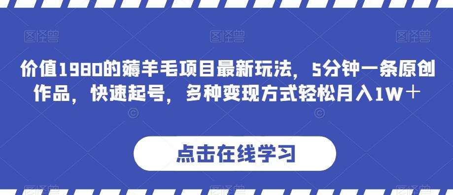 价值1980的薅羊毛项目最新玩法，5分钟一条原创作品，快速起号，多种变现方式轻松月入1W＋【揭秘】K叔网赚资源-网赚项目-副业赚钱-互联网创业-资源整合K叔网赚资源