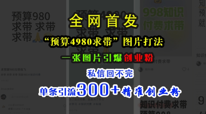 小红书“预算4980带我飞”图片打法，一张图片引爆创业粉，私信回不完，单条引流300+精准创业粉K叔网赚资源-网赚项目-副业赚钱-互联网创业-资源整合K叔网赚资源