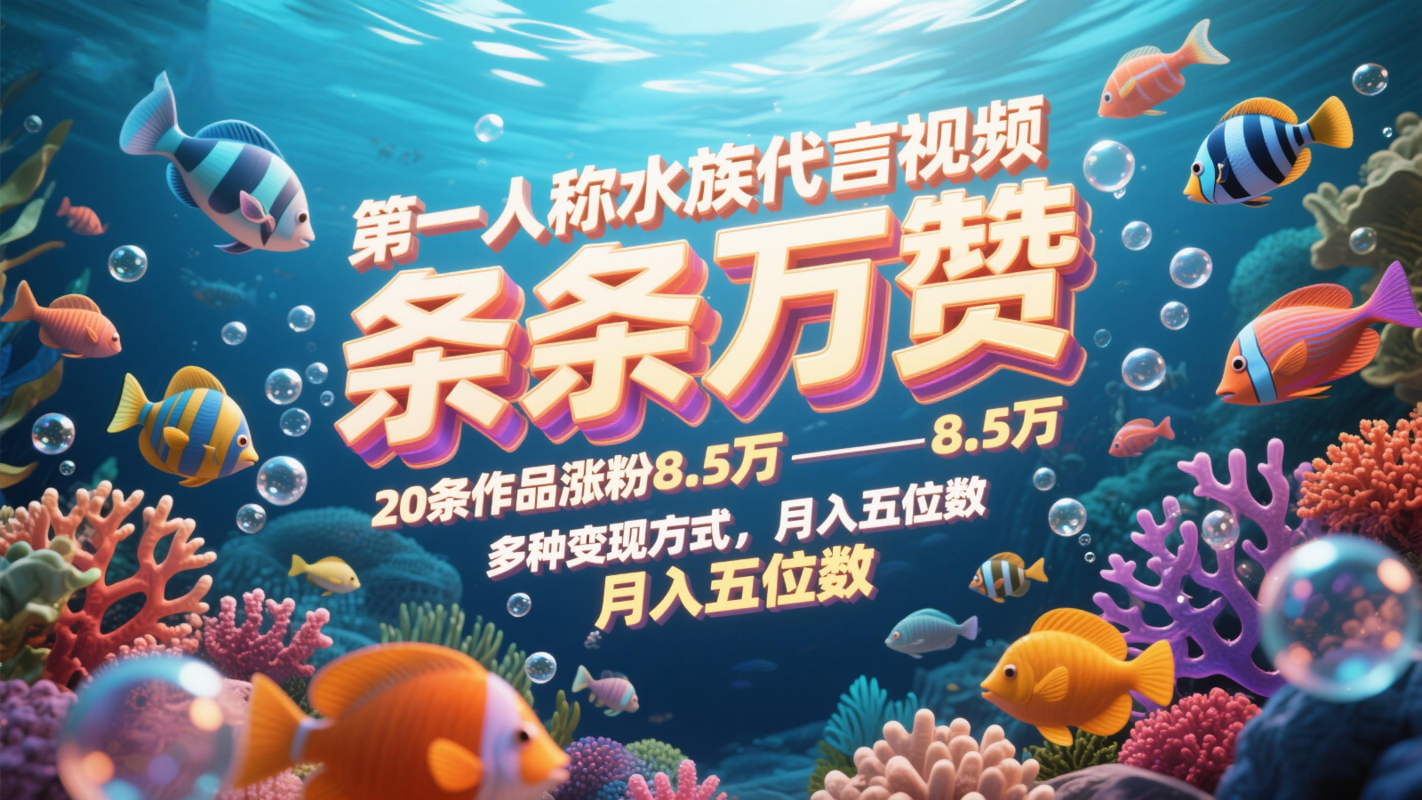 第一人称水族代言视频，条条万赞，20条作品涨粉8.5万，多种变现方式月，入五位数K叔网赚资源-网赚项目-副业赚钱-互联网创业-资源整合K叔网赚资源