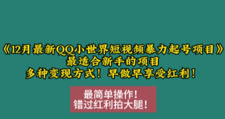 12月最新QQ小世界短视频暴力起号项目，最适合新手的项目，多种变现方式K叔网赚资源-网赚项目-副业赚钱-互联网创业-资源整合K叔网赚资源