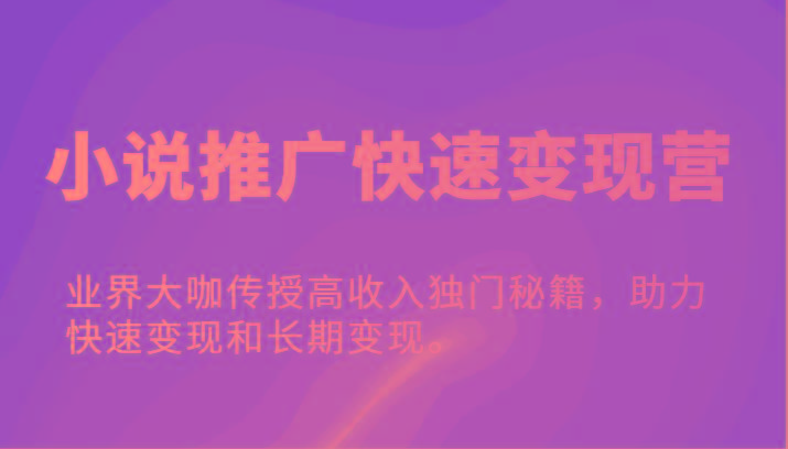 小说推广快速变现营-业界大咖传授高收入独门秘籍，助力快速变现和长期变现。K叔网赚资源-网赚项目-副业赚钱-互联网创业-资源整合K叔网赚资源