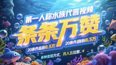 第一人称水族代言视频，条条万赞，20条作品涨粉7.8W，多种变现方式月入五位数K叔网赚资源-网赚项目-副业赚钱-互联网创业-资源整合K叔网赚资源
